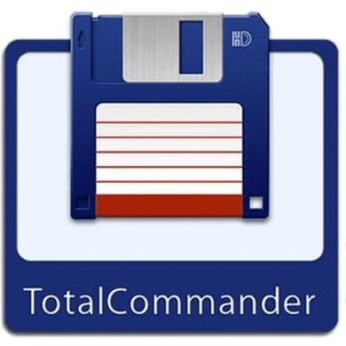 Large retro 3D floppy disk mascot with Total Commander wordmark — classic shareware icon